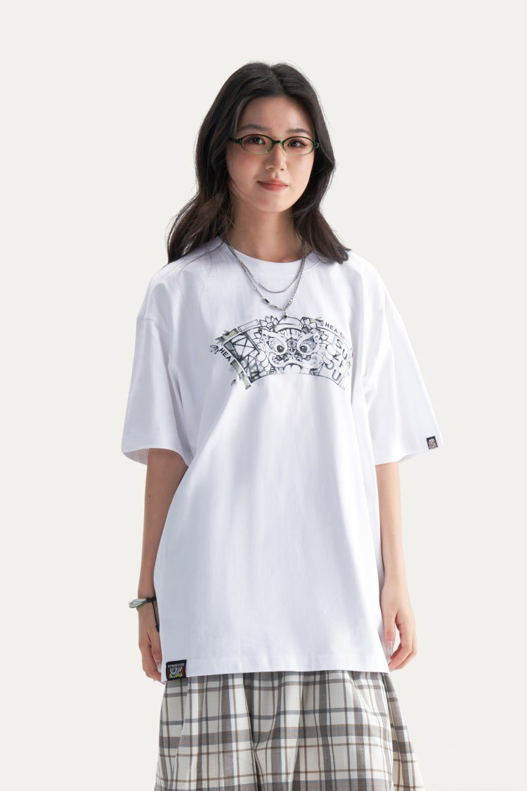 HEA Unisex Heavyweight Cotton Lion Graphic T-Shirt, Oversized Streetwear Short Sleeve Tee