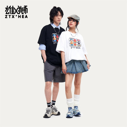 HEA Unisex Oversized Cartoon Graphic T-Shirt, Crew Neck Cotton Tee with Grid Print, Casual Streetwear Top for Men Women