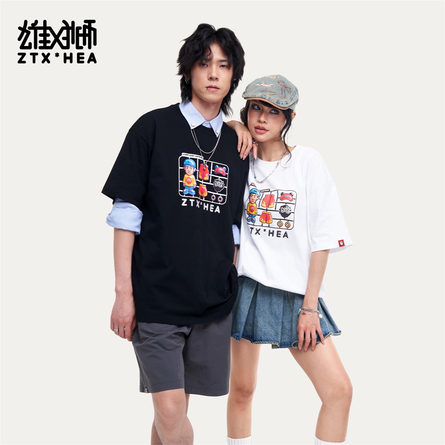 HEA Unisex Oversized Cartoon Graphic T-Shirt, Crew Neck Cotton Tee with Grid Print, Casual Streetwear Top for Men Women