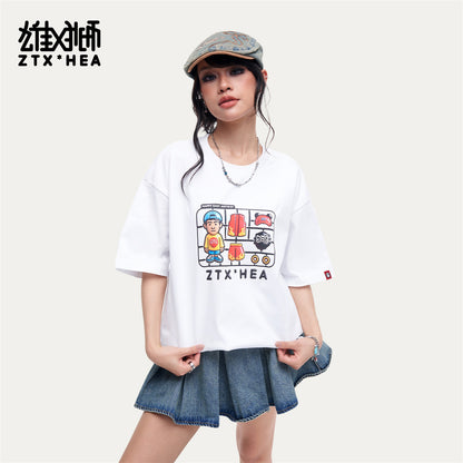 HEA Unisex Oversized Cartoon Graphic T-Shirt, Crew Neck Cotton Tee with Grid Print, Casual Streetwear Top for Men Women