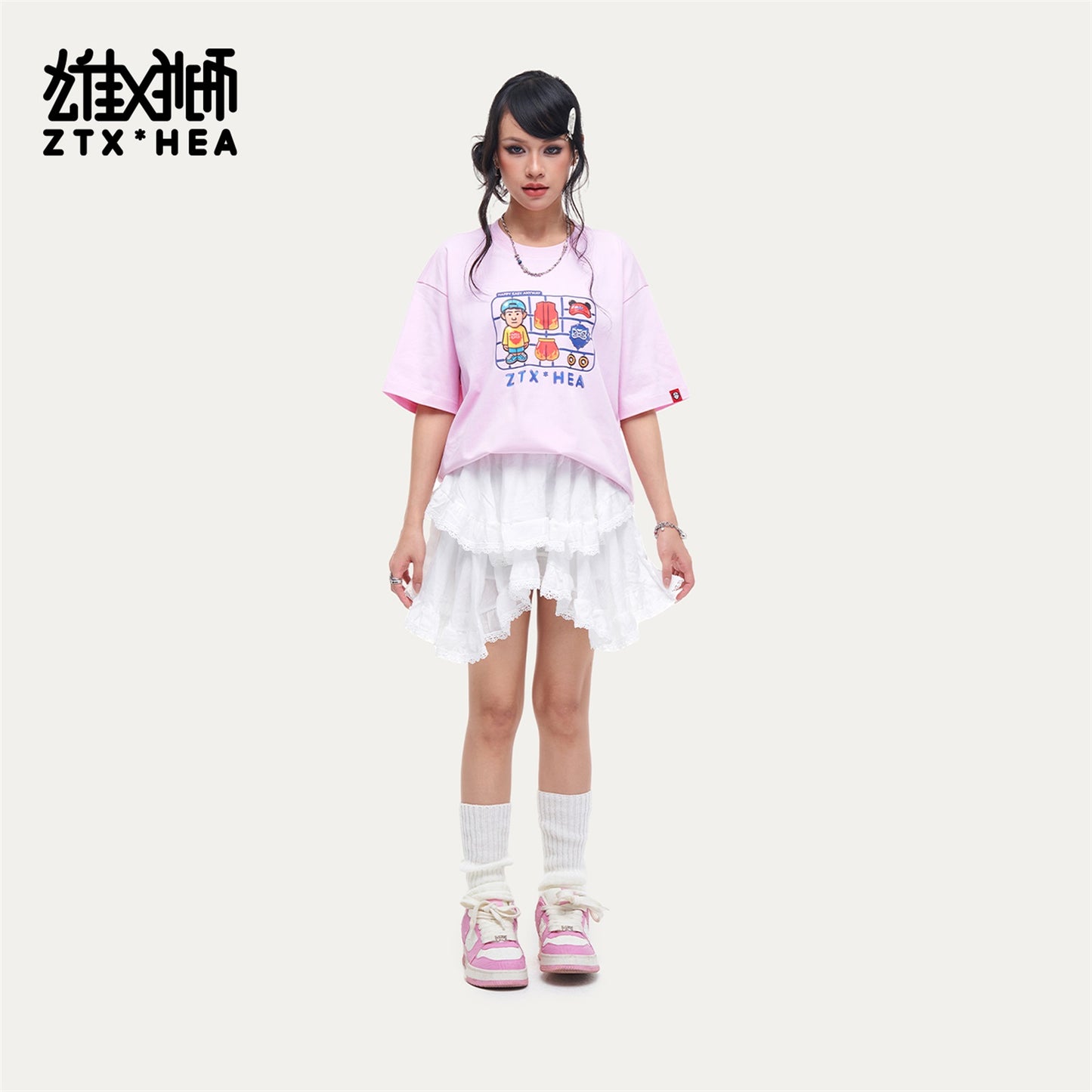 HEA Unisex Oversized Cartoon Graphic T-Shirt, Crew Neck Cotton Tee with Grid Print, Casual Streetwear Top for Men Women