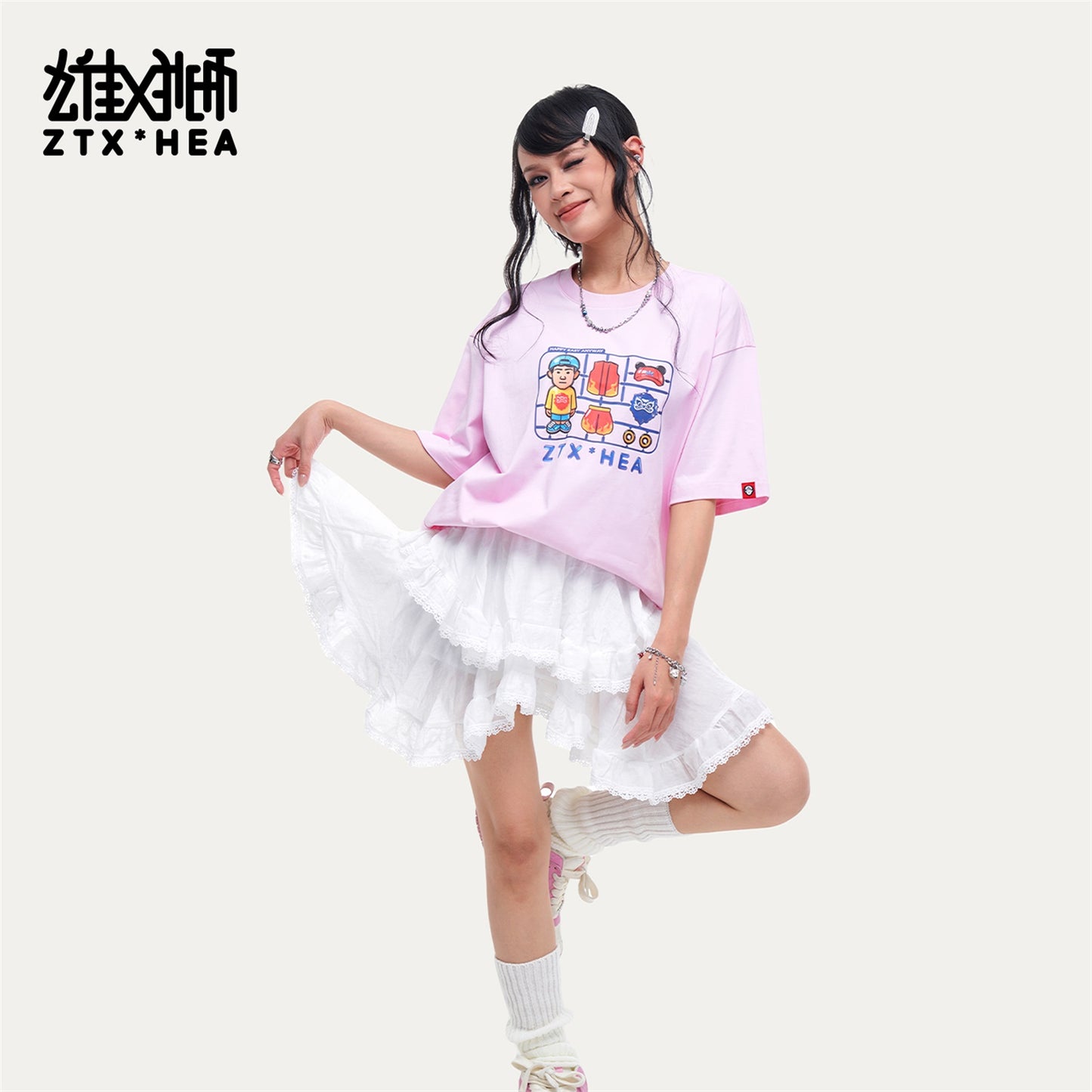 HEA Unisex Oversized Cartoon Graphic T-Shirt, Crew Neck Cotton Tee with Grid Print, Casual Streetwear Top for Men Women