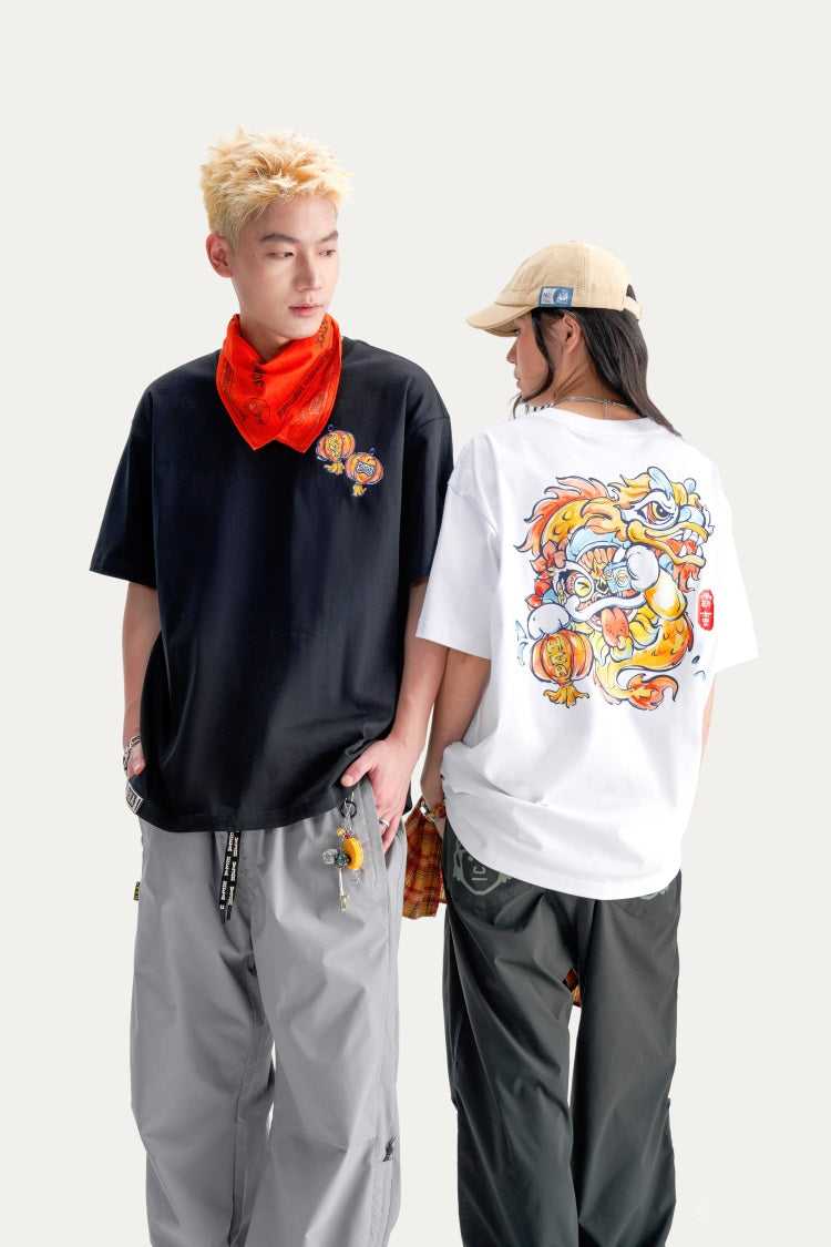 HEA Unisex Heavyweight Cotton Lion Graphic T-Shirt, Oversized Streetwear Short Sleeve Tee