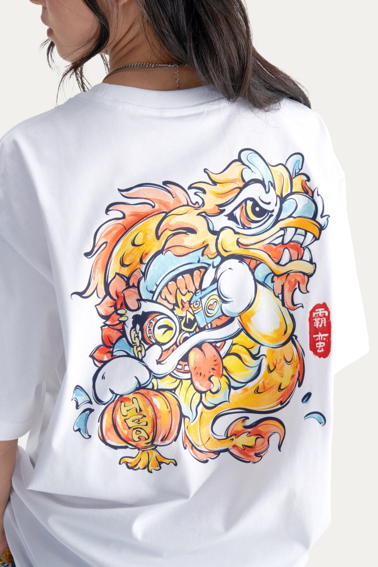 HEA Unisex Heavyweight Cotton Lion Graphic T-Shirt, Oversized Streetwear Short Sleeve Tee