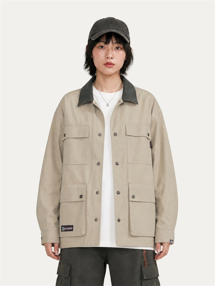 HEA Multi-Pocket Workwear Jacket – Contrast Collar Utility Coat