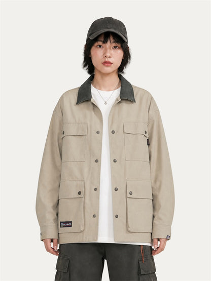 HEA Multi-Pocket Workwear Jacket – Contrast Collar Utility Coat