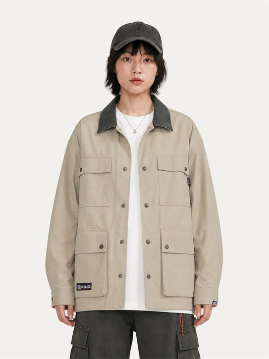 HEA Multi-Pocket Workwear Jacket – Contrast Collar Utility Coat