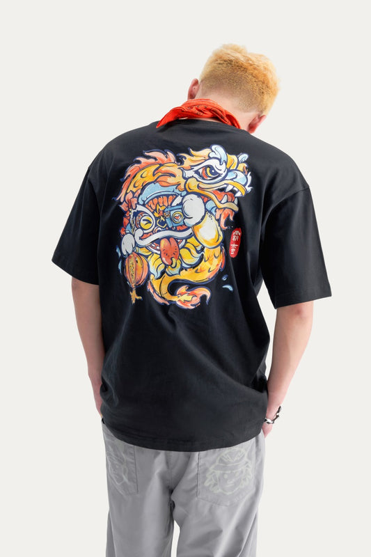 HEA Unisex Heavyweight Cotton Lion Graphic T-Shirt, Oversized Streetwear Short Sleeve Tee