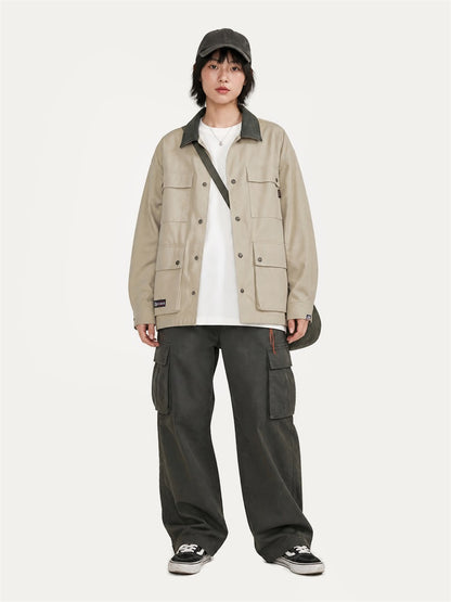 HEA Multi-Pocket Workwear Jacket – Contrast Collar Utility Coat