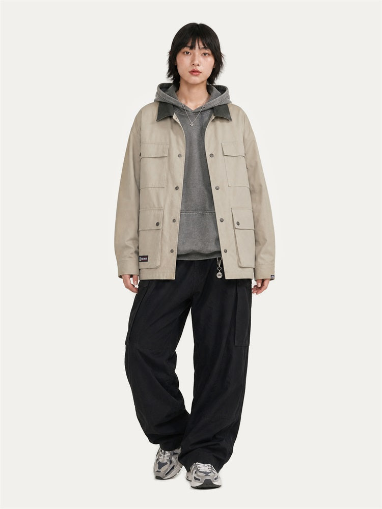 HEA Multi-Pocket Workwear Jacket – Contrast Collar Utility Coat