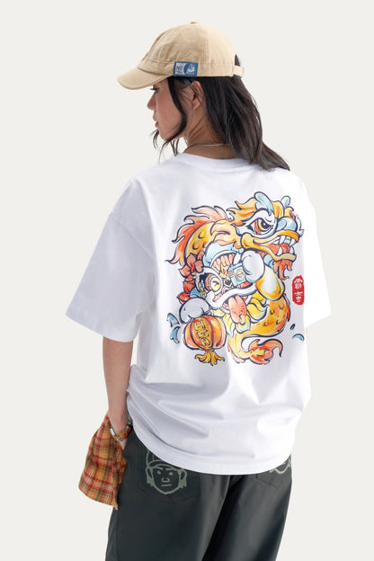 HEA Unisex Heavyweight Cotton Lion Graphic T-Shirt, Oversized Streetwear Short Sleeve Tee