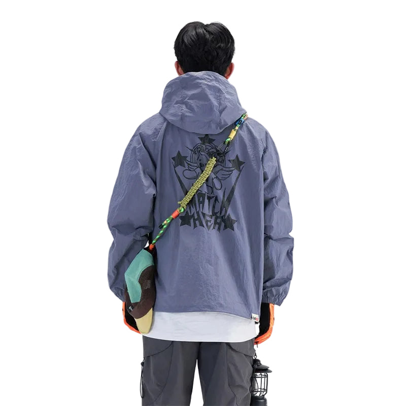 HEA Unisex Loose Fit Windbreaker Jacket with Lion Graphic, Casual Streetwear Outerwear for Spring and Summer