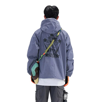 HEA Unisex Loose Fit Windbreaker Jacket with Lion Graphic, Casual Streetwear Outerwear for Spring and Summer