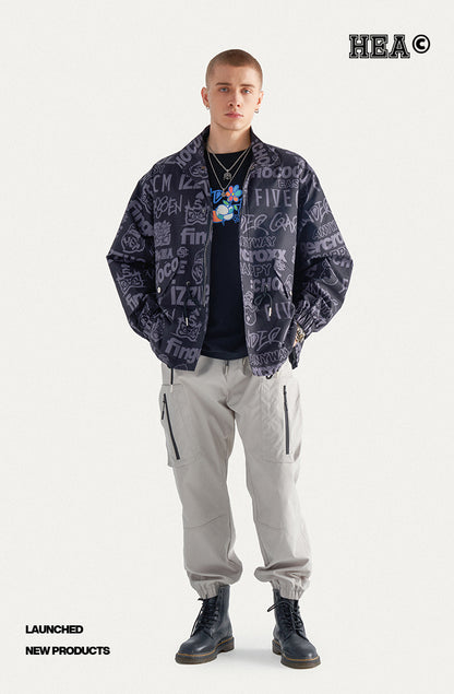 Allover Letter Print Fleece Button Down Jacket