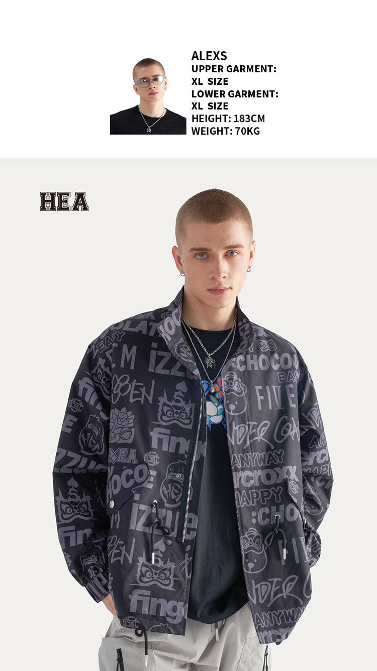 Allover Letter Print Fleece Button Down Jacket