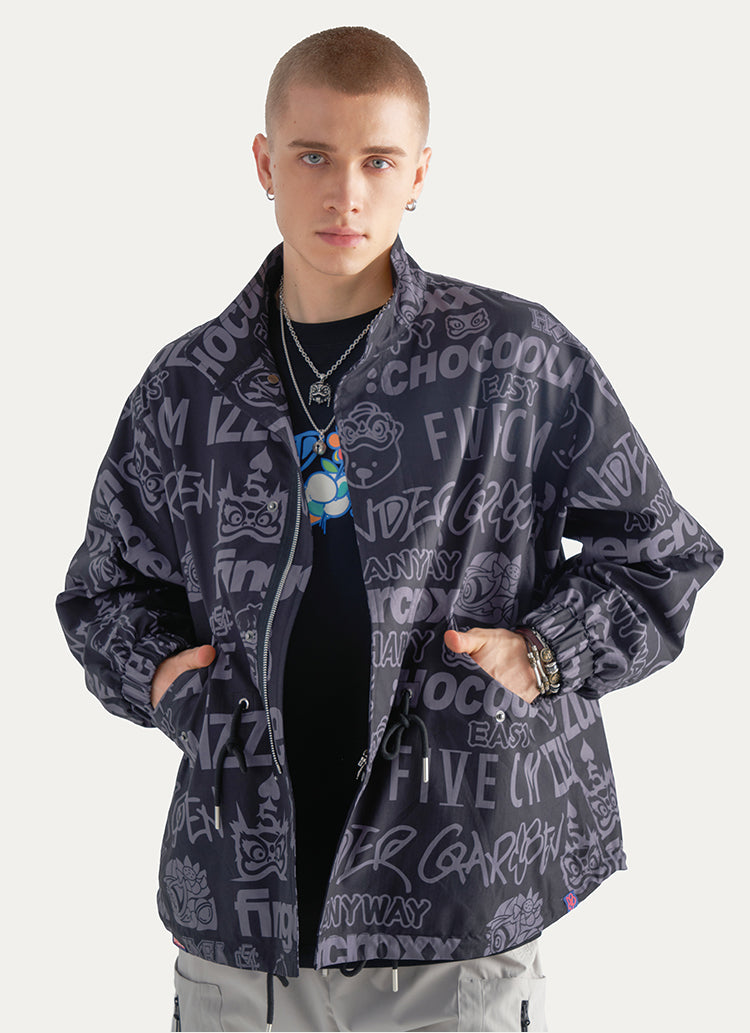 Allover Letter Print Fleece Button Down Jacket