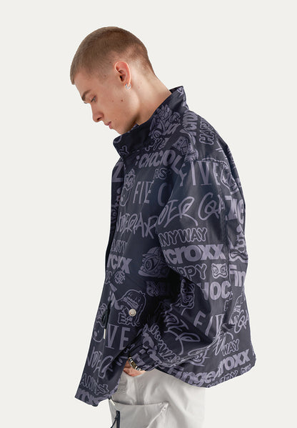 Allover Letter Print Fleece Button Down Jacket