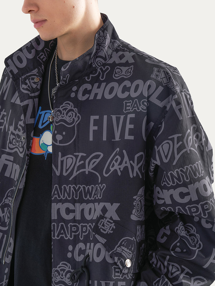 Allover Letter Print Fleece Button Down Jacket