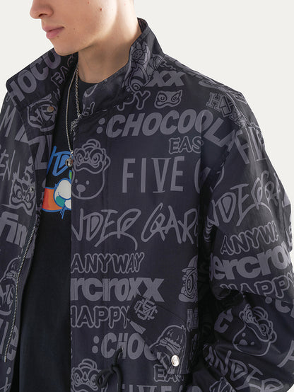 Allover Letter Print Fleece Button Down Jacket