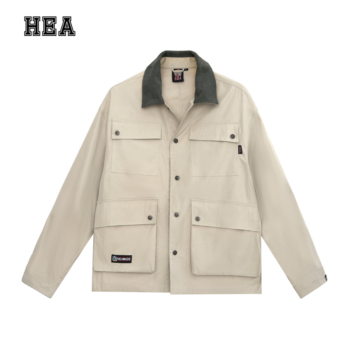 HEA Multi-Pocket Workwear Jacket – Contrast Collar Utility Coat