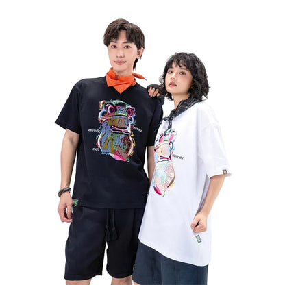 HEA Cartoon Graphic Print T-Shirt Casual Streetwear Short Sleeve Tee Unisex Trendy Cotton T-shirt