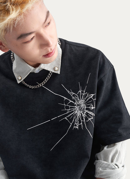 Tie-Dye Starburst Embroidered Heavyweight Casual T-Shirt