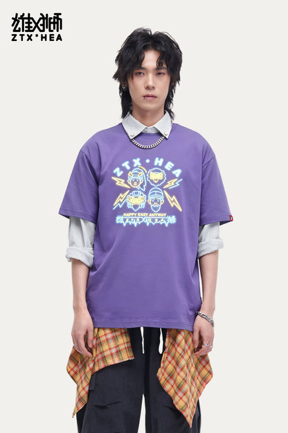 HEA Unisex Oversized Graphic T-Shirt, Crew Neck Cotton Tee with Neon-Style Lion Print, Casual Streetwear Top for Men Women