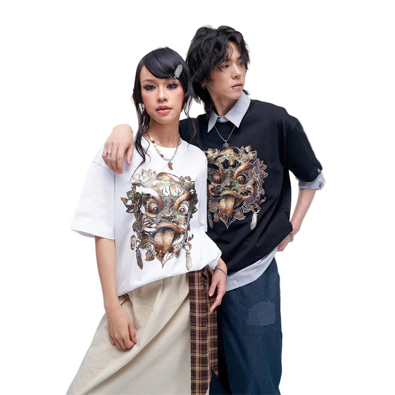 HEA Unisex Heavyweight Cotton Lion Graphic T-Shirt, Oversized Streetwear Short Sleeve Tee