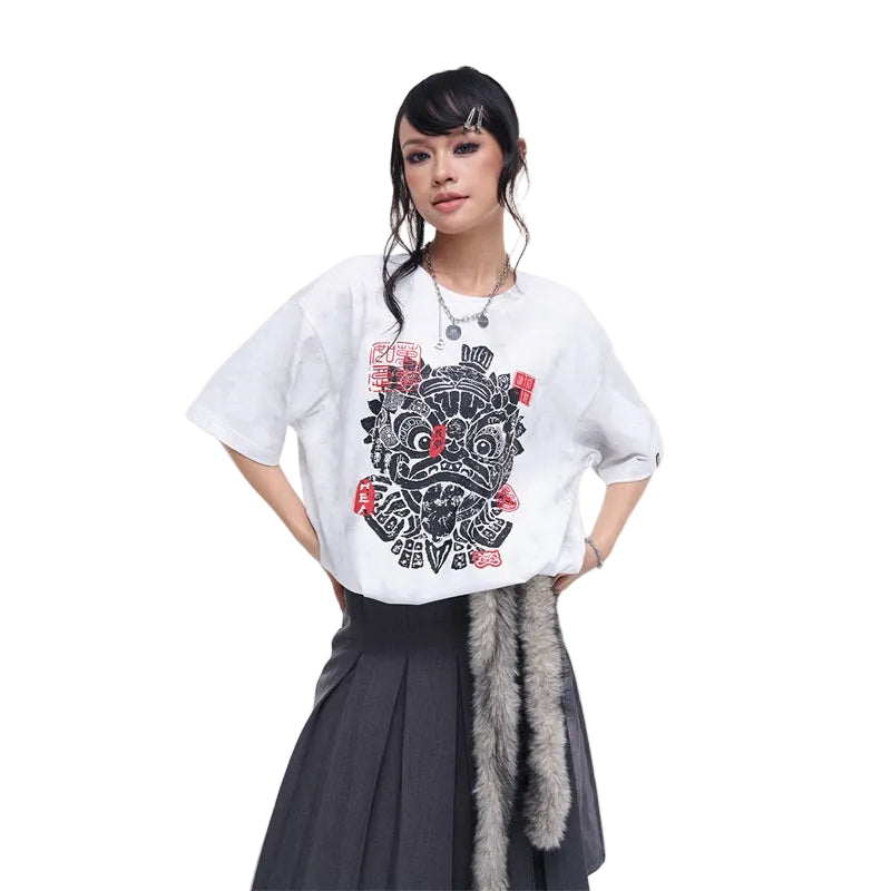 HEA Unisex Tie Dye Lion Print T-Shirt, Casual Streetwear Oversized Short Sleeve Cotton Tee