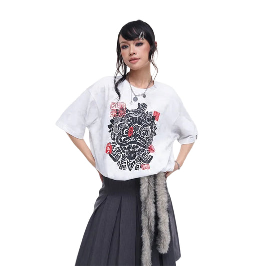HEA Unisex Tie Dye Lion Print T-Shirt, Casual Streetwear Oversized Short Sleeve Cotton Tee