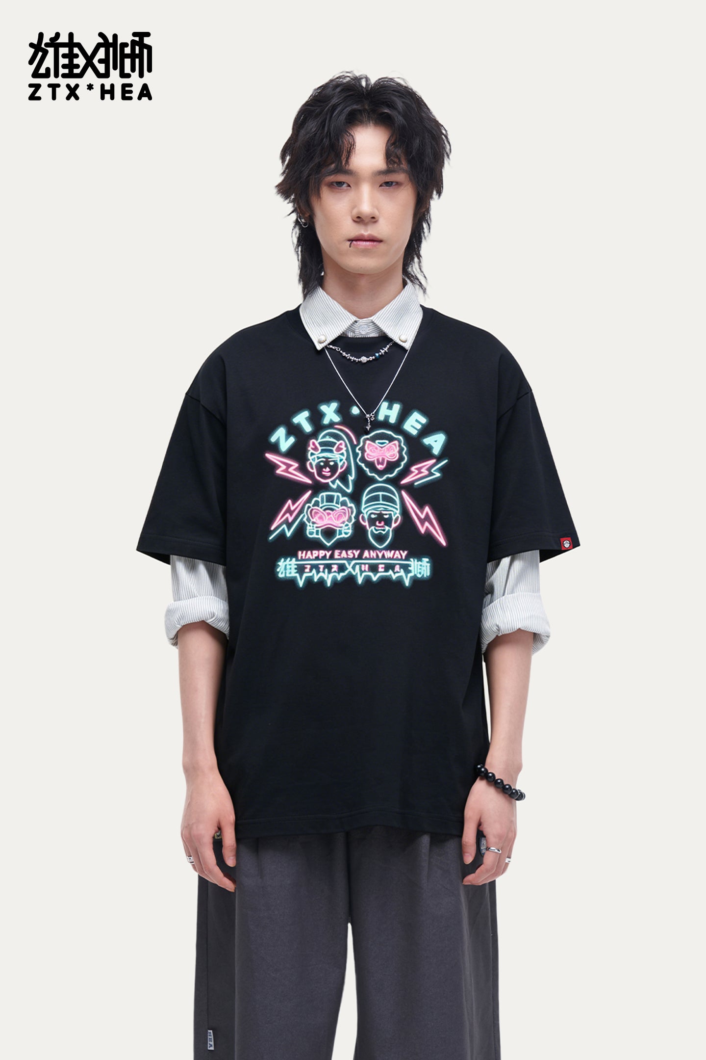 HEA Unisex Oversized Graphic T-Shirt, Crew Neck Cotton Tee with Neon-Style Lion Print, Casual Streetwear Top for Men Women