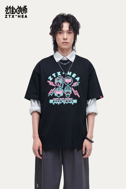 HEA Unisex Oversized Graphic T-Shirt, Crew Neck Cotton Tee with Neon-Style Lion Print, Casual Streetwear Top for Men Women