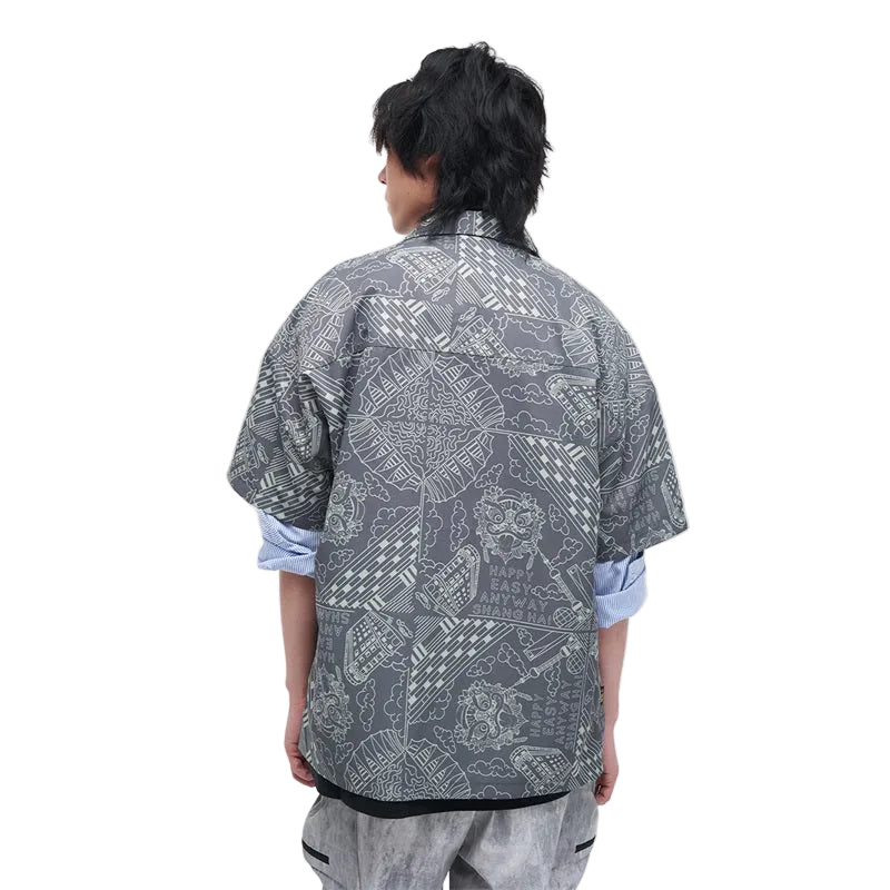 HEA Unisex Allover Print Button Up Shirt, Casual Streetwear Short Sleeve Camp Shirt