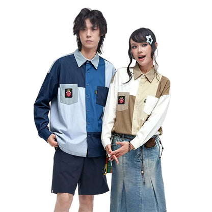 HEA Patchwork Color Block Oversized Button-Up Shirt