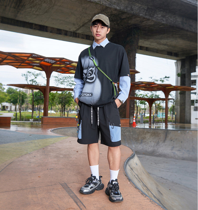 Color Block Patchwork Utility Casual Shorts