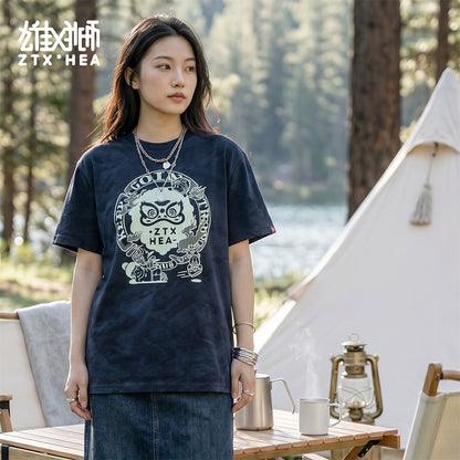 HEA Unisex Oversized Tie-Dye Graphic T-Shirt, Crew Neck Cotton Tee with Lion Print, Casual Streetwear Top for Men Women