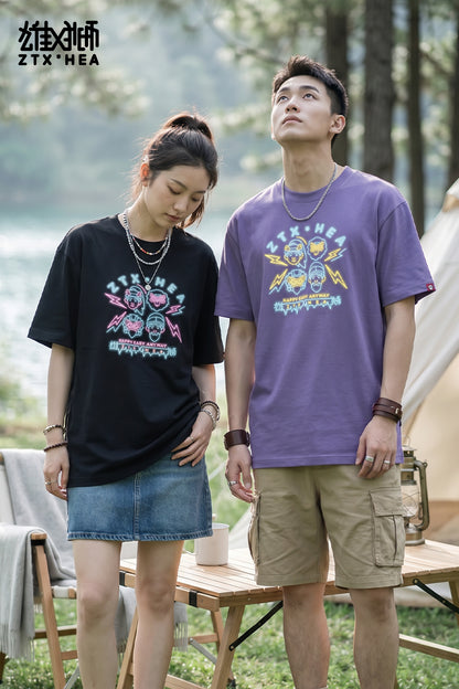 HEA Unisex Oversized Graphic T-Shirt, Crew Neck Cotton Tee with Neon-Style Lion Print, Casual Streetwear Top for Men Women