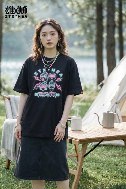 HEA Unisex Oversized Graphic T-Shirt, Crew Neck Cotton Tee with Neon-Style Lion Print, Casual Streetwear Top for Men Women